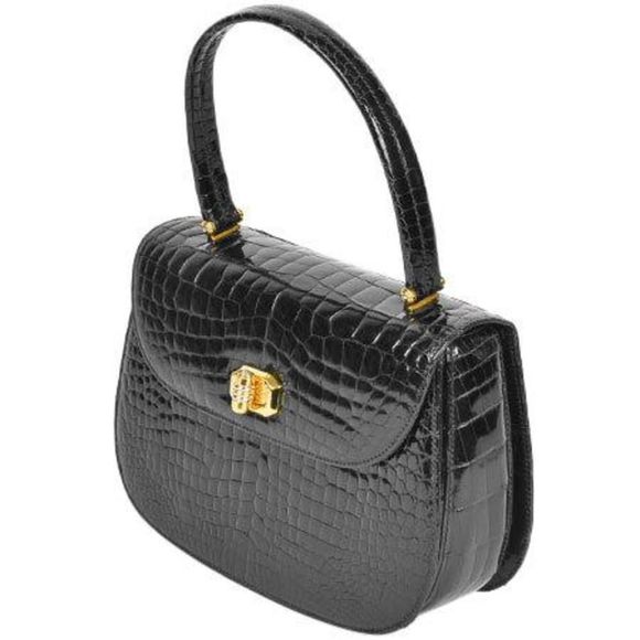Gucci Old Gucci Handbag Crocodile Black Gold Crest - Picture 2 of 10